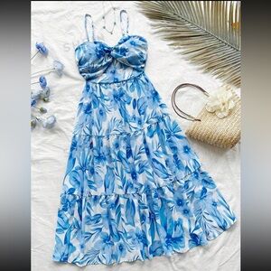 Blue and White Tiered Midi Sundress
